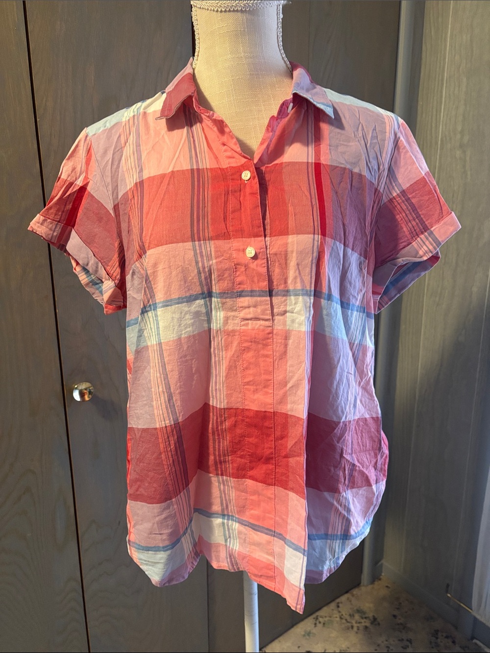 J Crew Plaid Cotton Popover Blouse Top Shirt Collared Summer